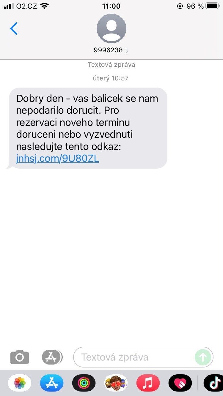 Ukázka podvodné SMS v praxi.