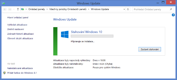 Upgrade Windows 10 - stahování