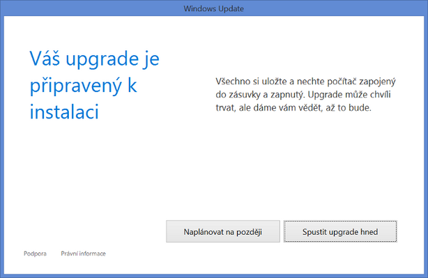 Upgrade Windows 10 - upgrade připraven