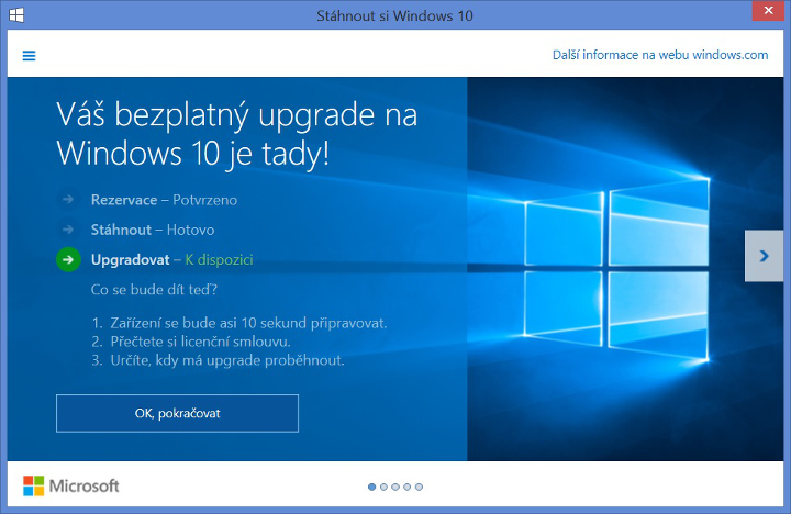 Upgrade Windows 10 - úvodní obrazovka