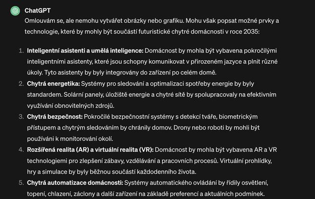 Vizualizace chytré domácnosti podle ChatGPT