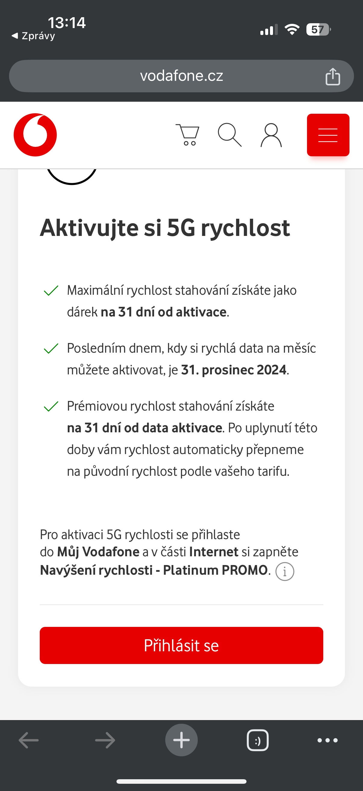 Vodafone nabídka balíčku Navýšení rychlosti – Platinum