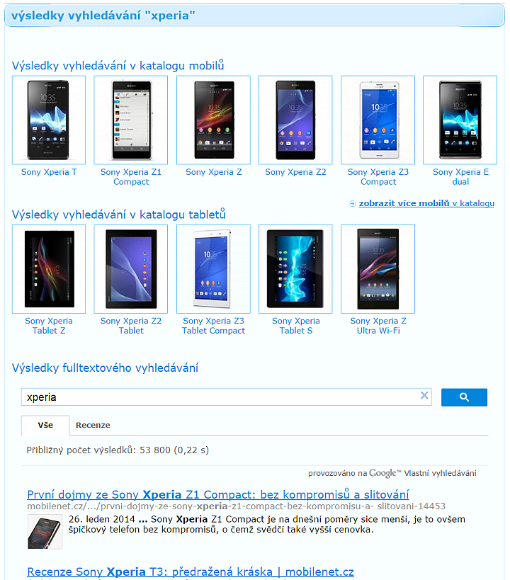 Vyhledávání na mobilenet.cz