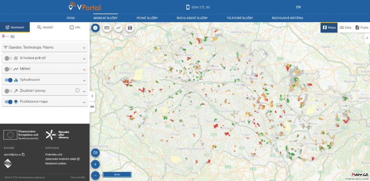 Vyhodnocení pokrytí na základě měření – Celá ČR (Operátor T-Mobile, síť 5G)