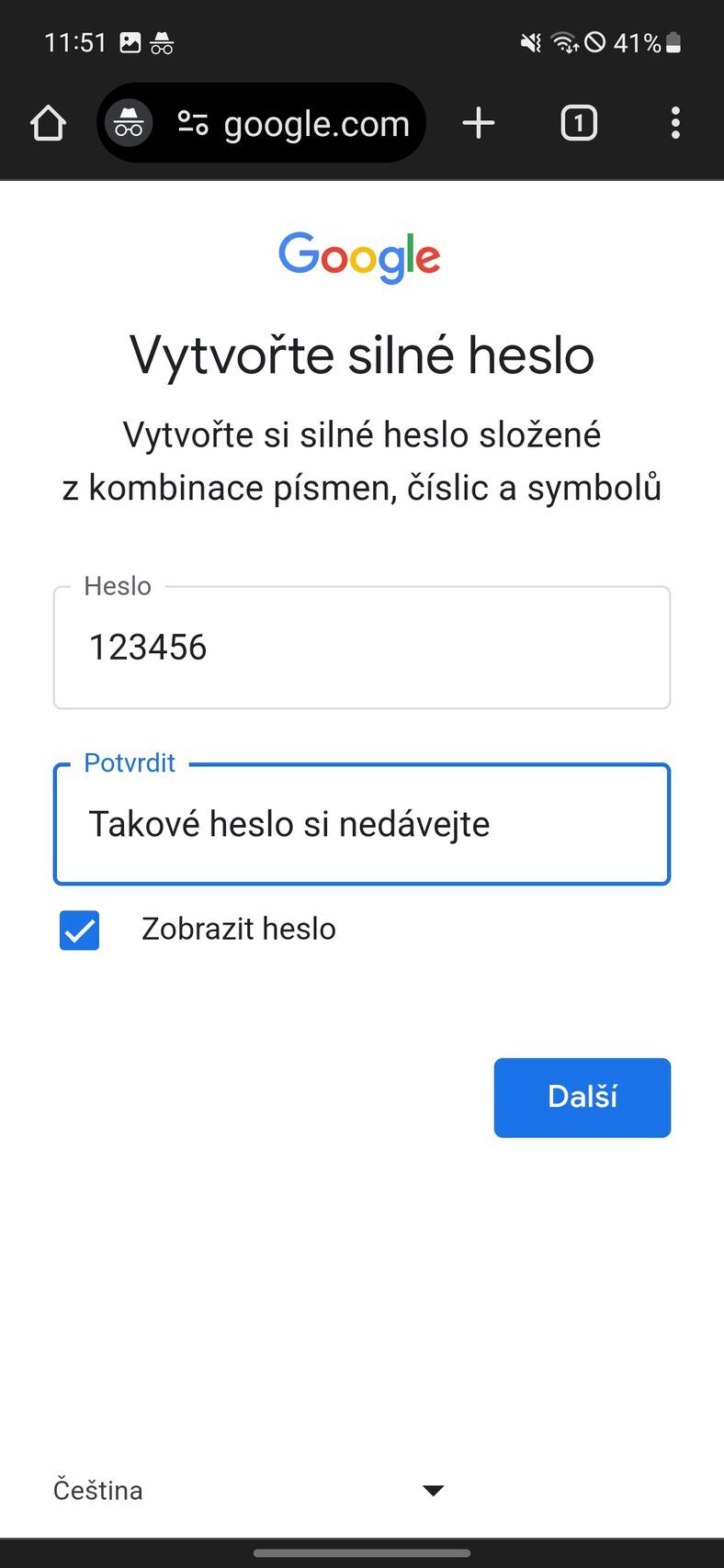 Vytvoření Google účtu