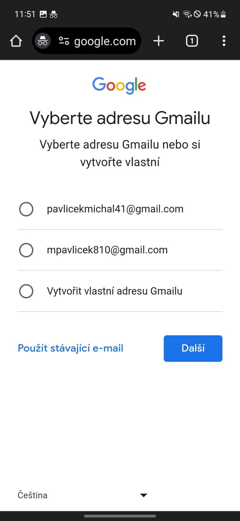 Vytvoření Google účtu