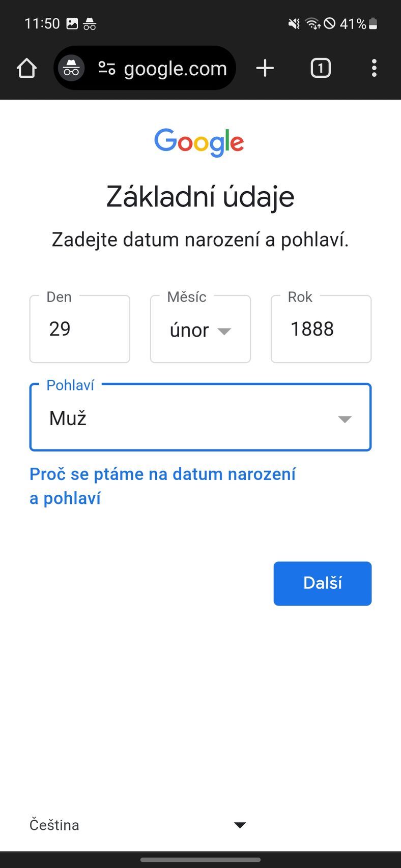 Vytvoření Google účtu