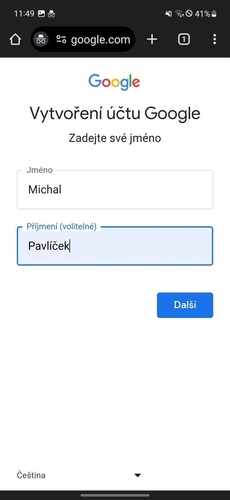 Vytvoření Google účtu