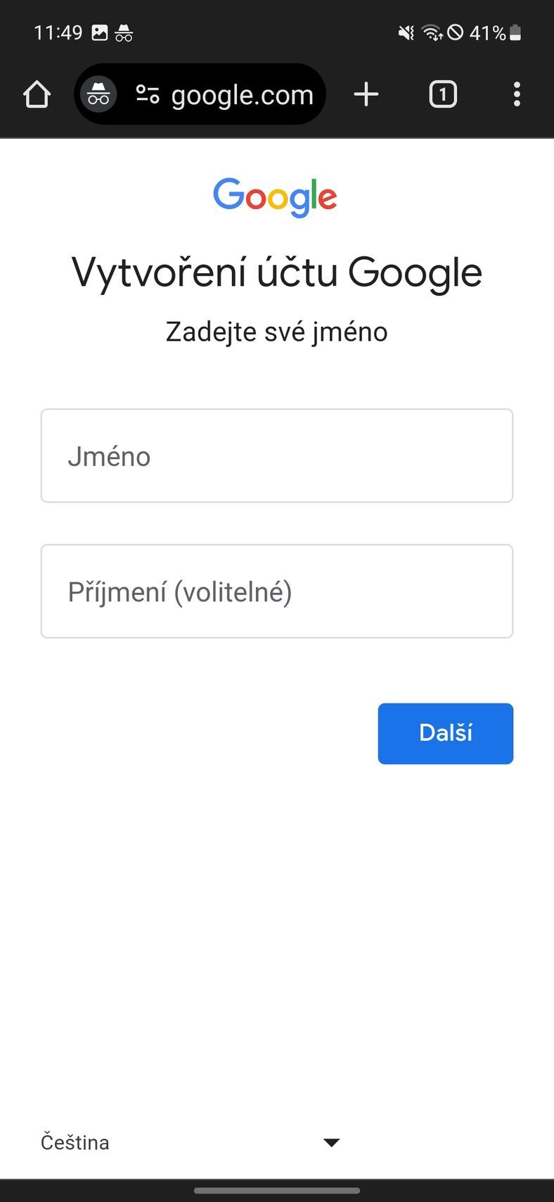 Vytvoření Google účtu