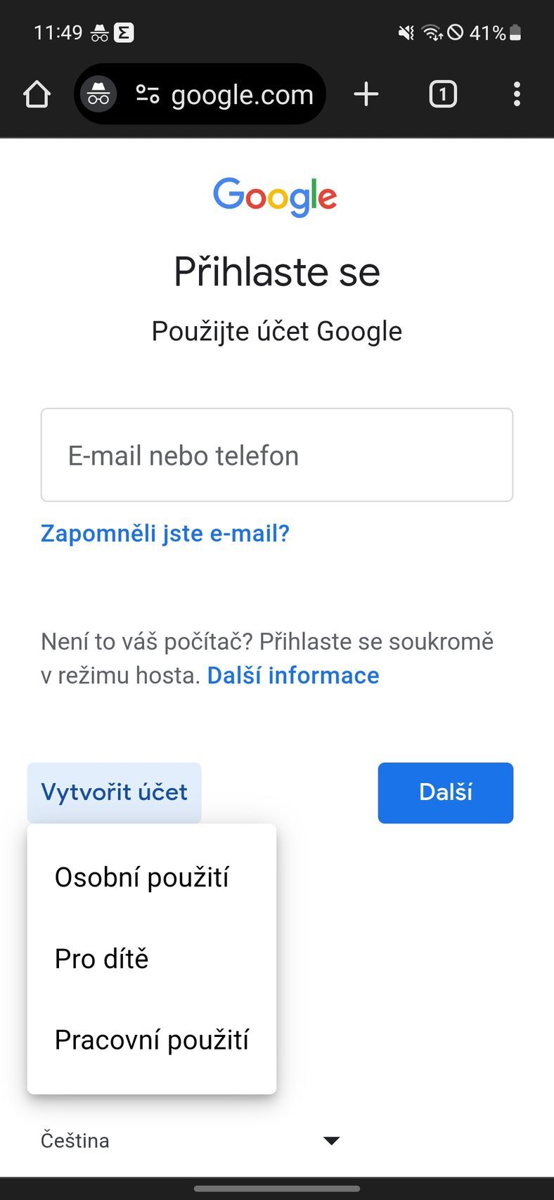 Vytvoření Google účtu