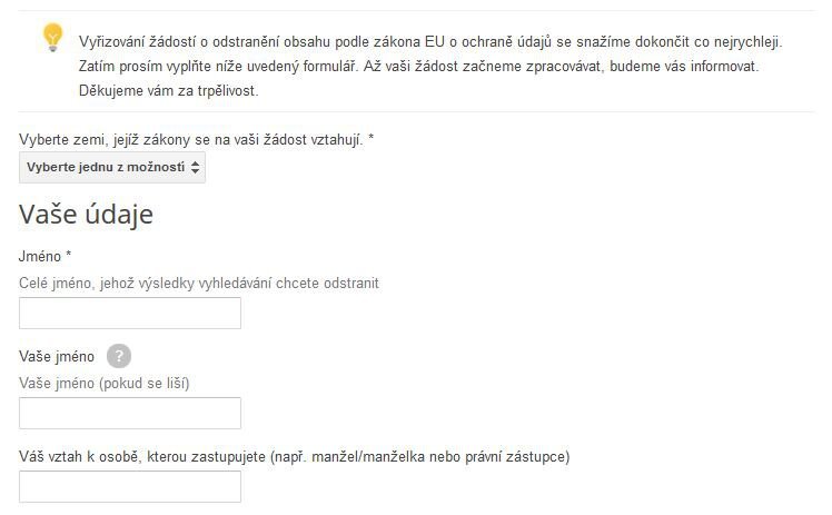Žádost o odstranění obsahu z vyhledávání podle zákona EU o ochraně údajů