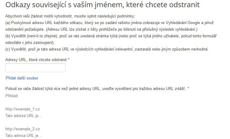 Žádost o odstranění obsahu z vyhledávání podle zákona EU o ochraně údajů