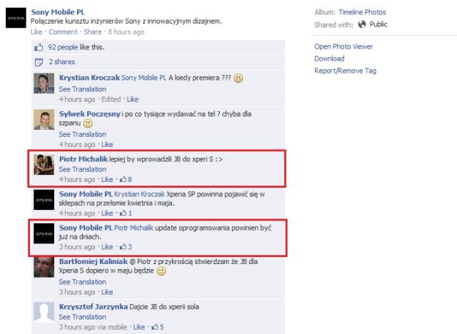 Zpráva polské pobočky Sony Mobile na Facebooku
