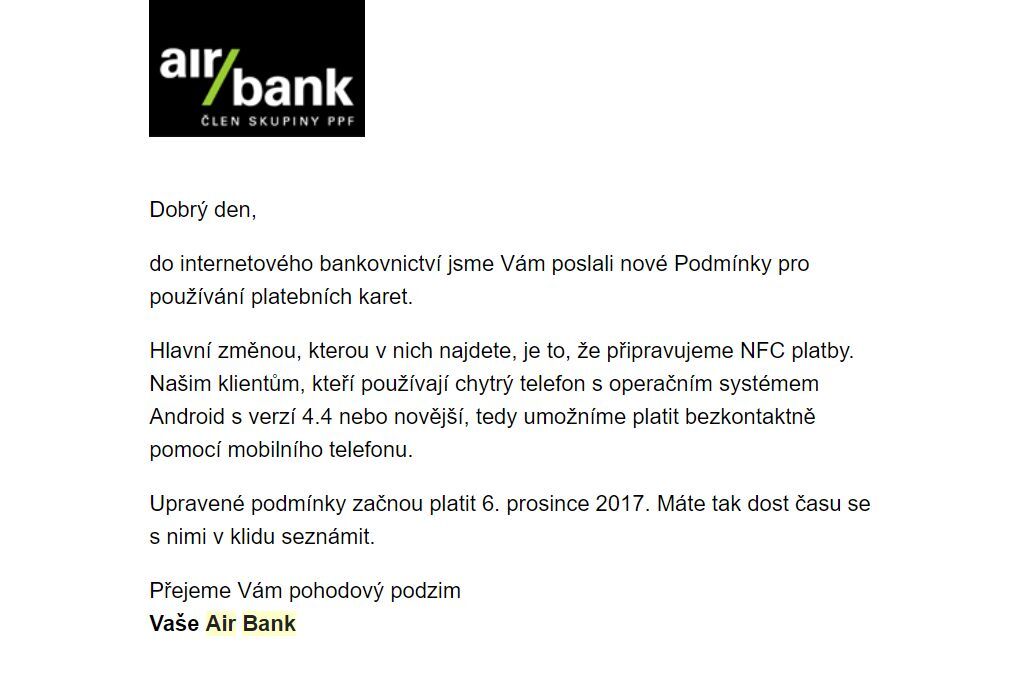 Airbank NFC mobilní platby