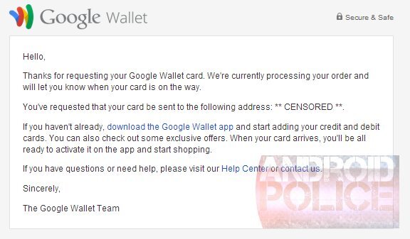 Email potvrzující objednávku platební karty Google Wallet