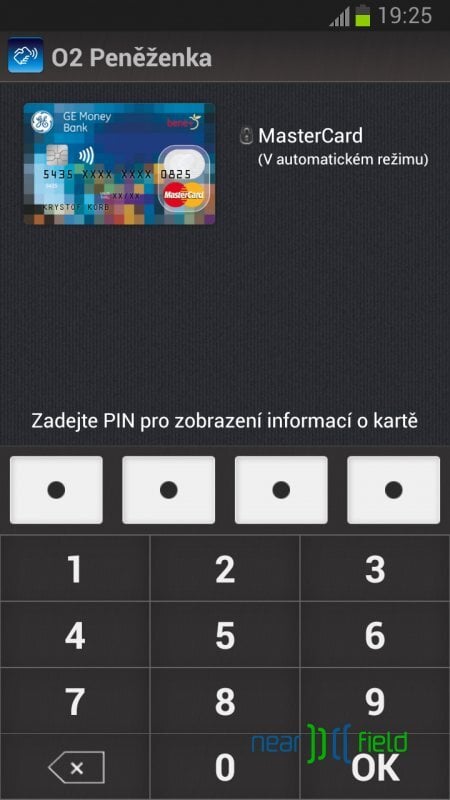 Zadání PIN pro zobrazení informací o kartě