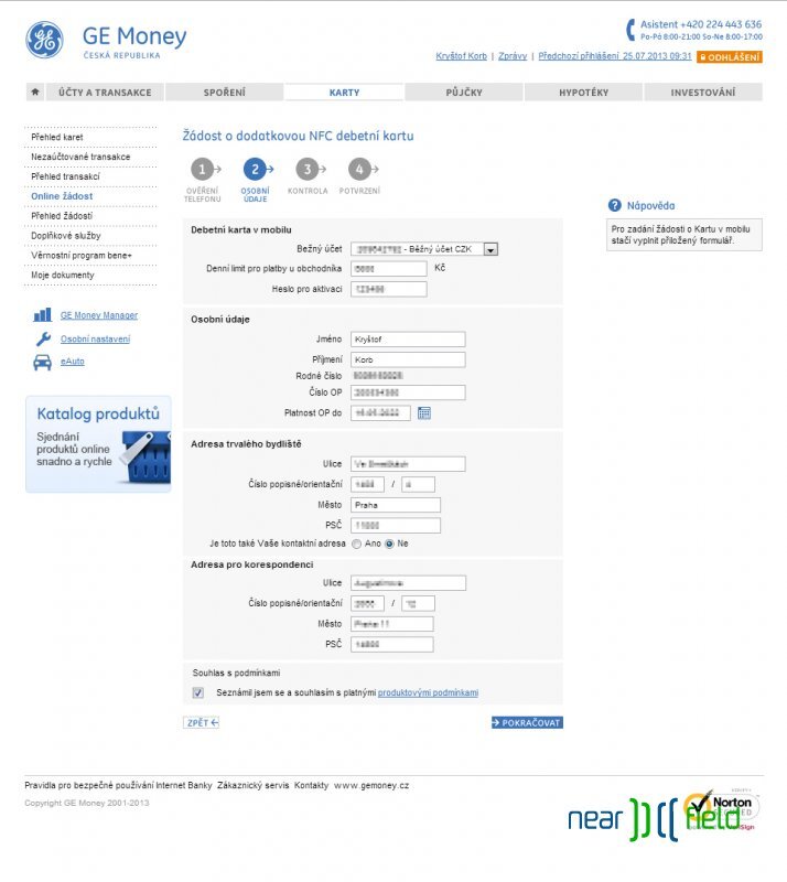 Žádost o NFC SIM kartu GE Money Bank