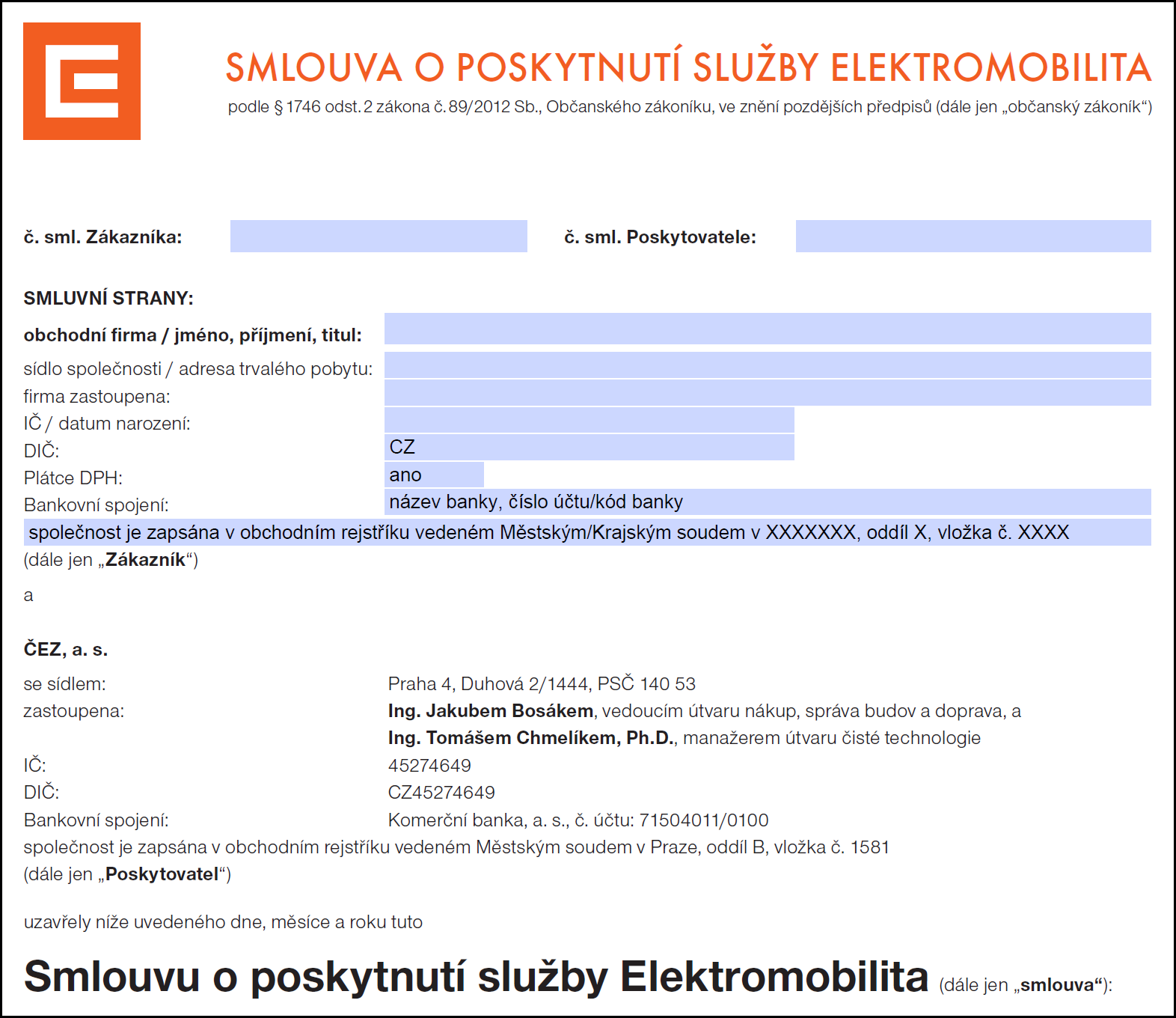 ČEZ: Smlouva o poskytnutí služby Elektromobilita