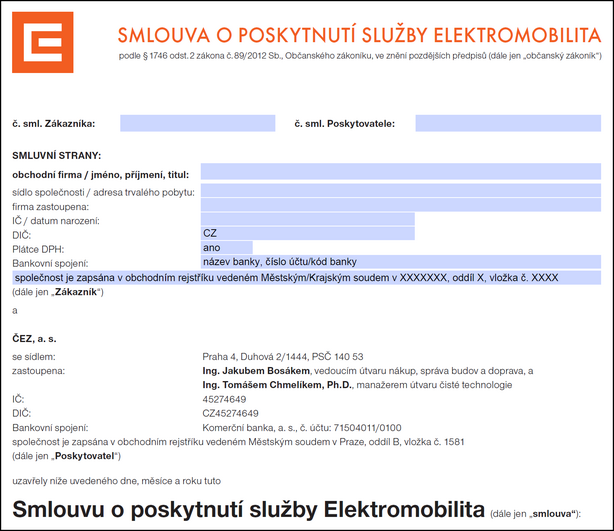 ČEZ: Smlouva o poskytnutí služby Elektromobilita