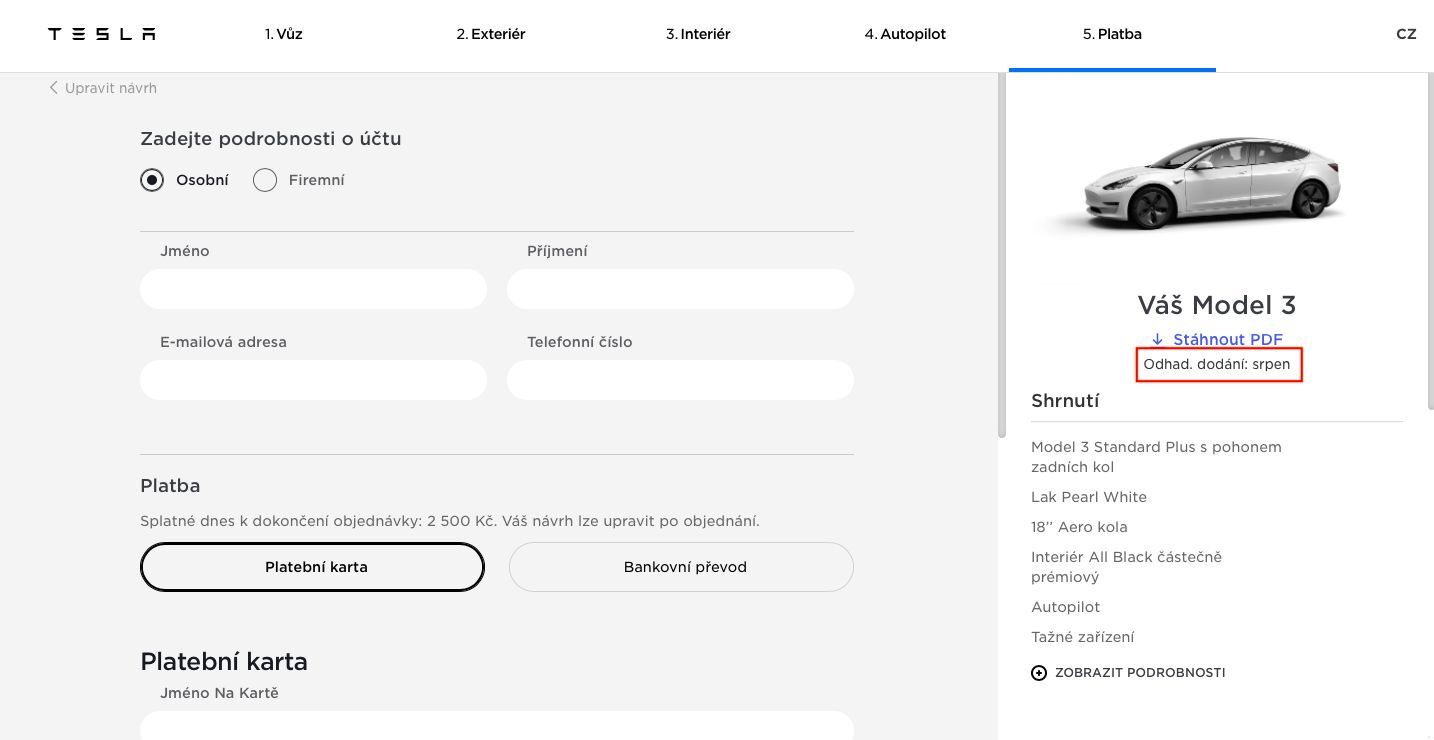 Dodací lhůta vozu Tesla Model 3 v Česku