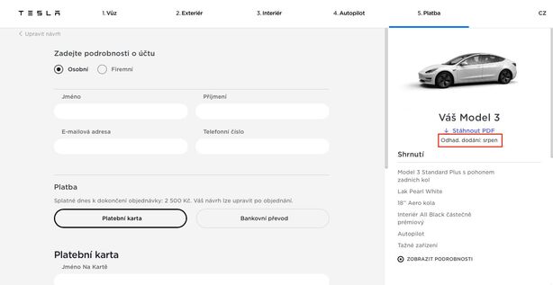 Dodací lhůta vozu Tesla Model 3 v Česku