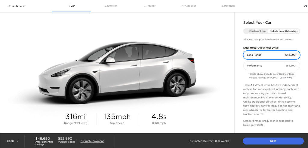 Dodací lhůta vozu Tesla Model Y v USA