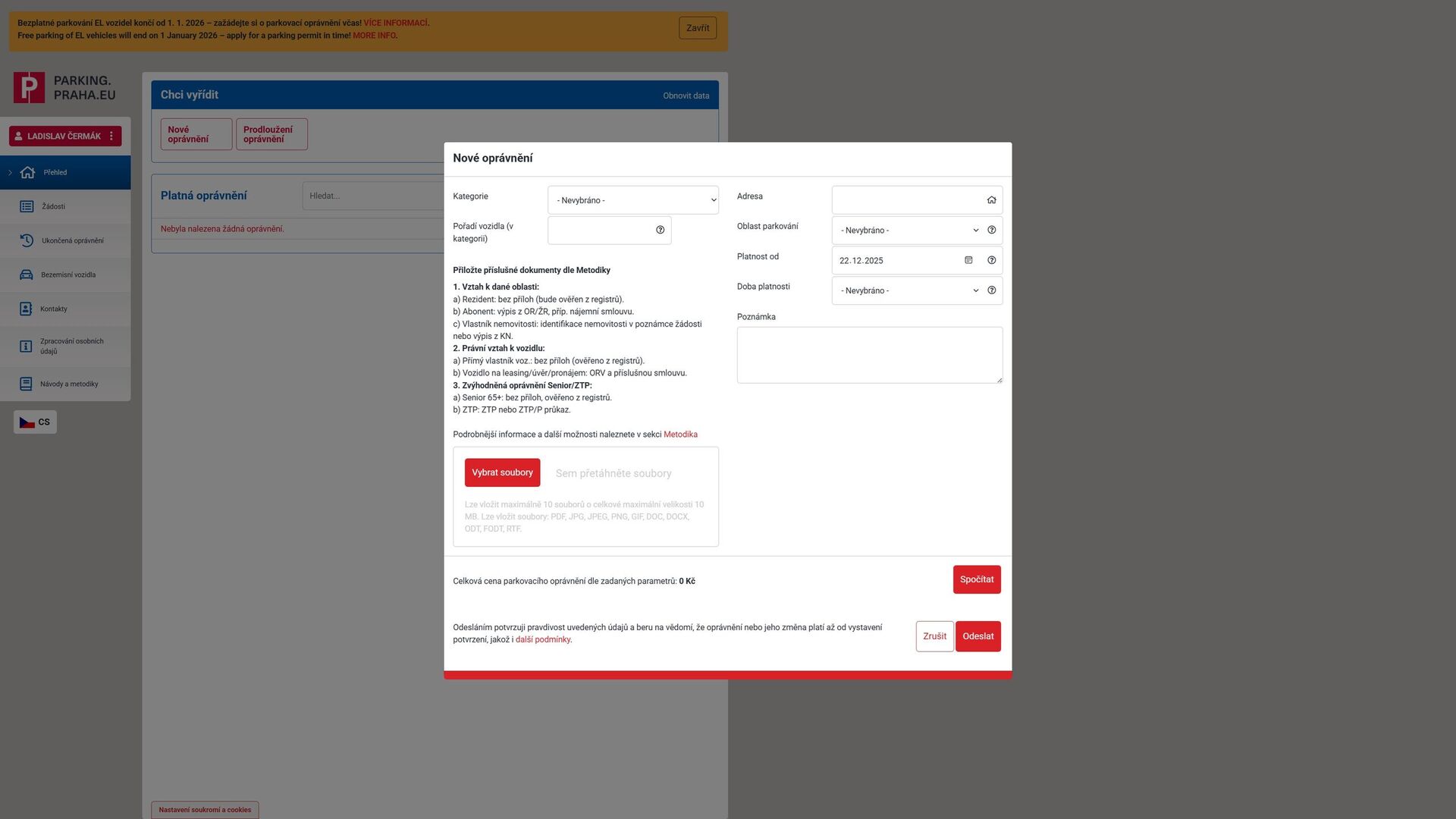 Formulář žádosti o registraci parkování