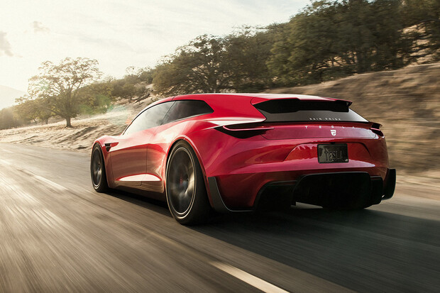 Tesla Roadster s batohem na zádech vypadá sakra dobře