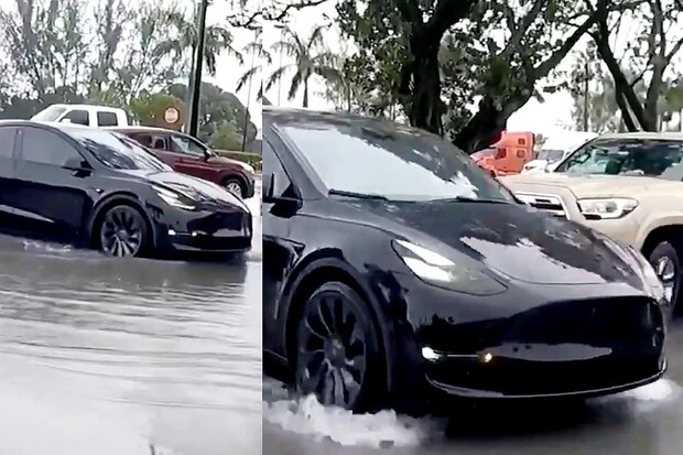 Tesla Model Y odjela ze zatopeného parkoviště. Bez řidiče