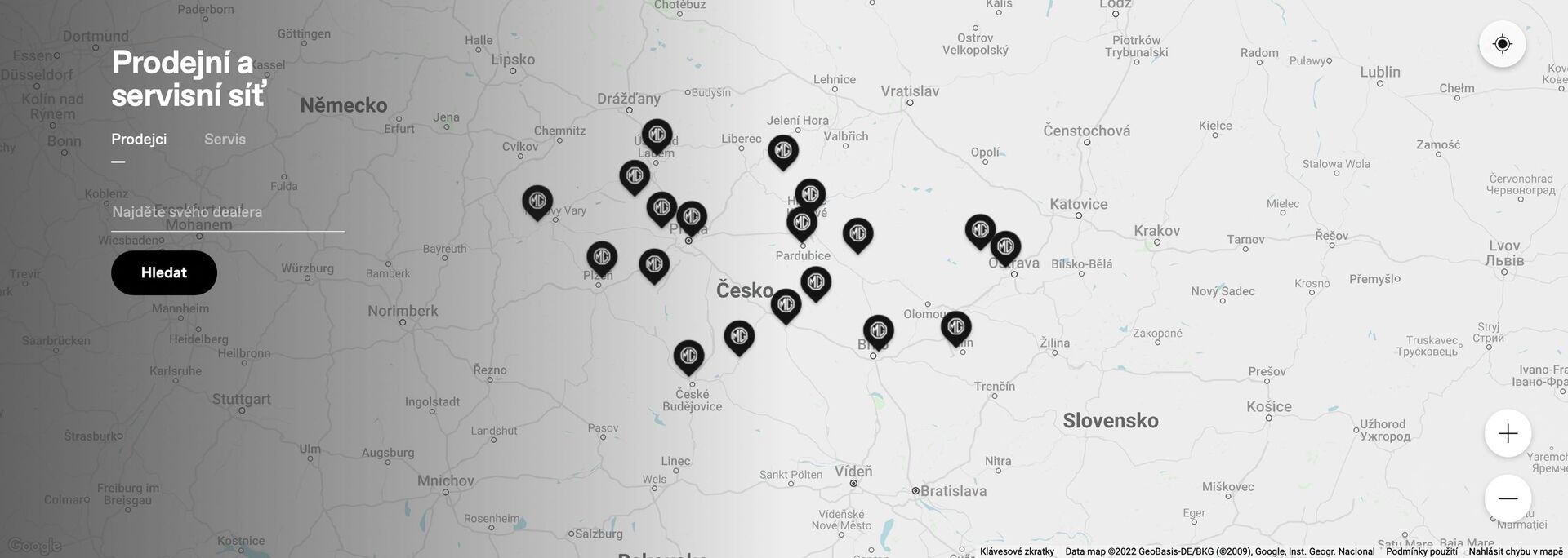 Mapa dealerů MG v Česku