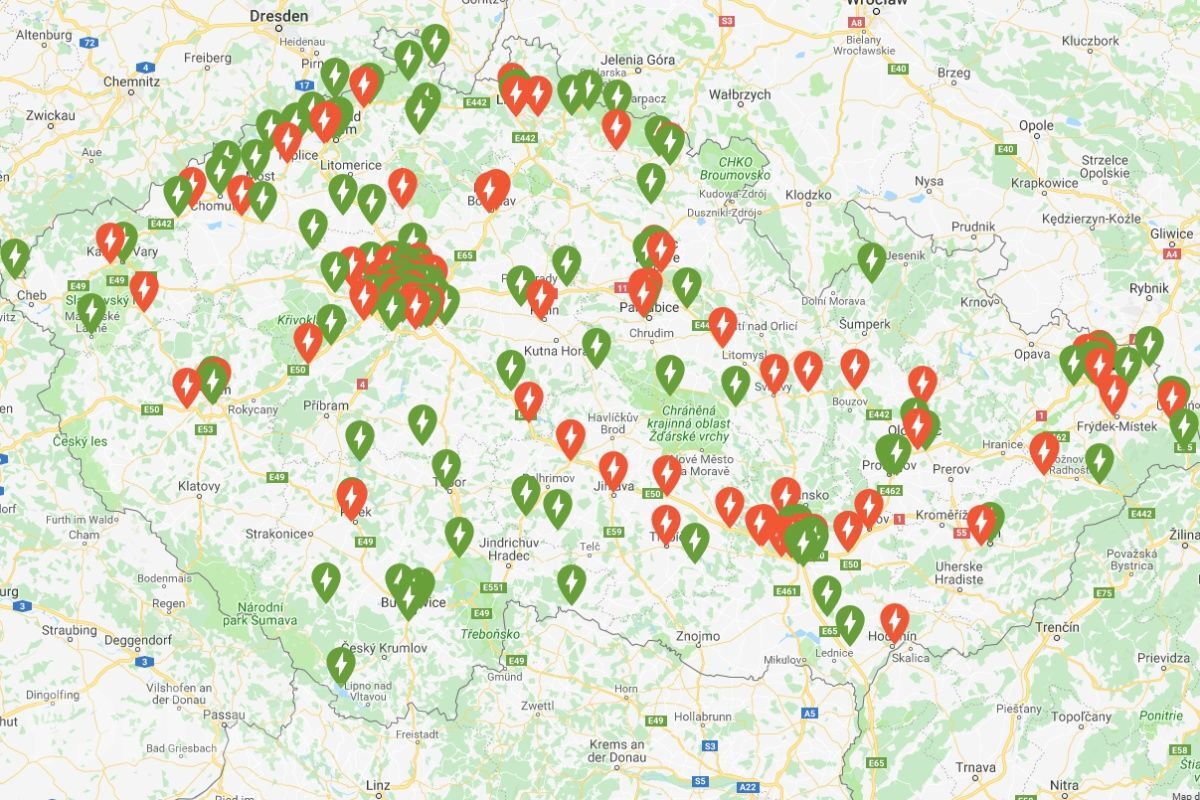 Mapa nabíjecích stanic fDrive.cz