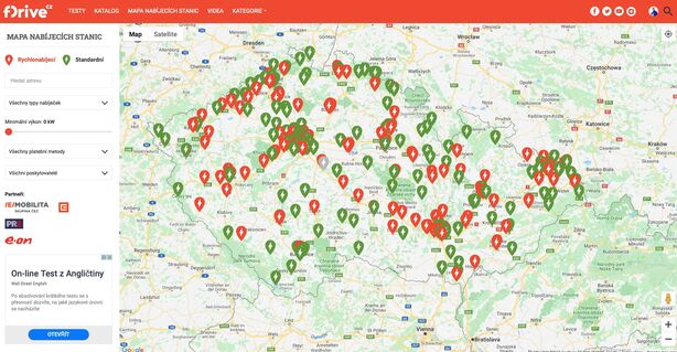 Mapa nabíjecích stanic na fDrive.cz