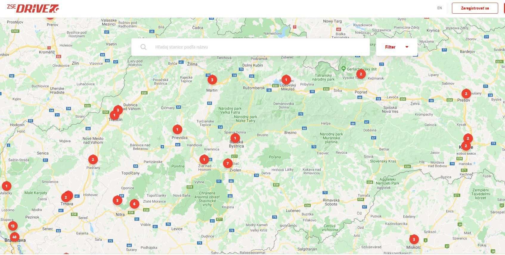 Mapa nabíjecích stanic společnosti ZSE
