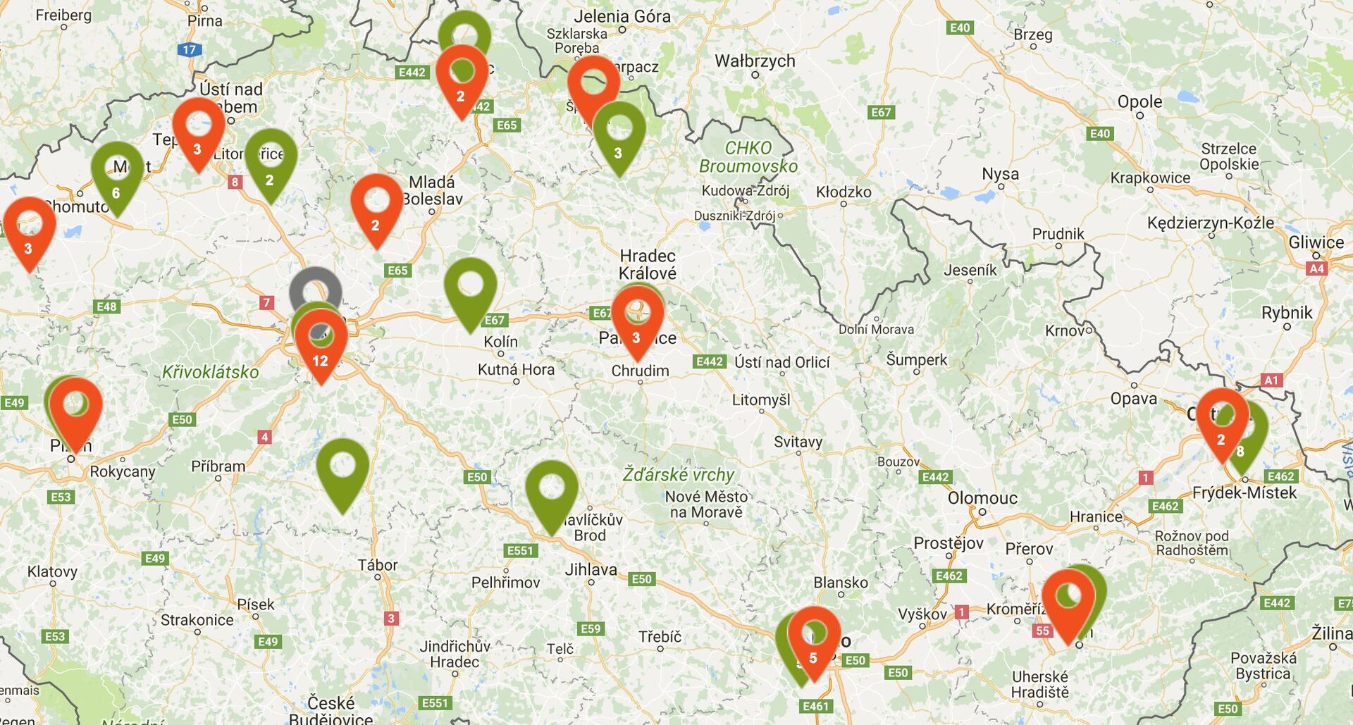 Mapa nabíjecích stanici skupiny ČEZ