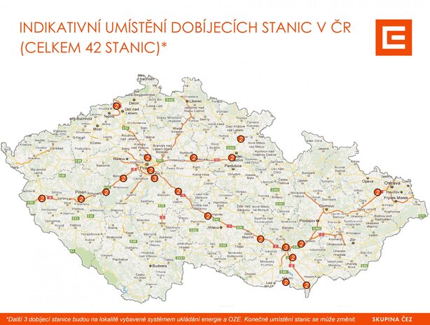 Mapa plánovaných rychlonabíjecích stanic