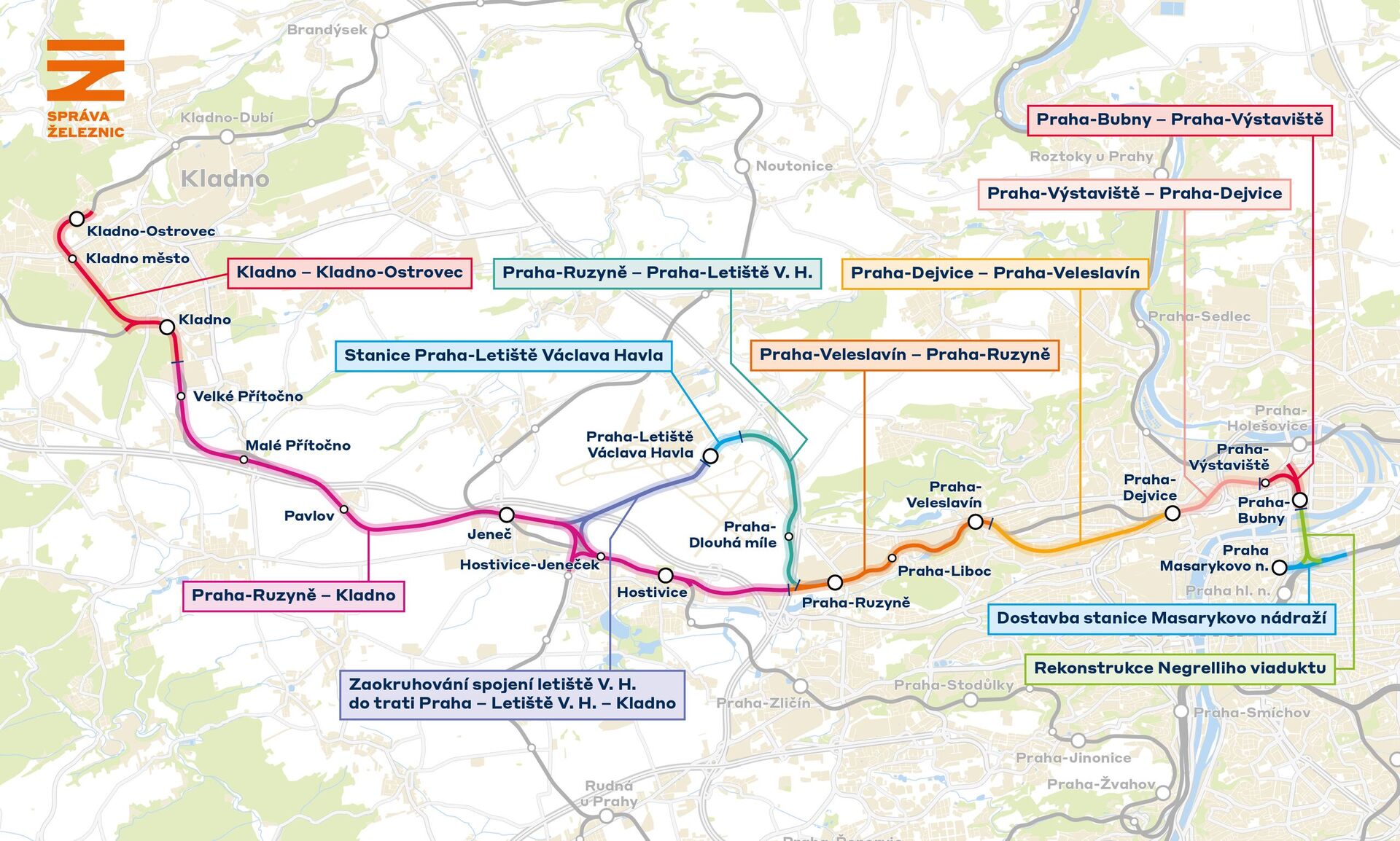 Mapa rychlodráhy Praha - Letiště - Kladno