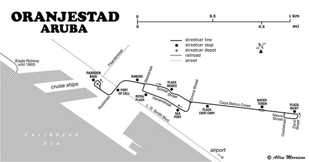 Mapa trati tramvaje v Arubě