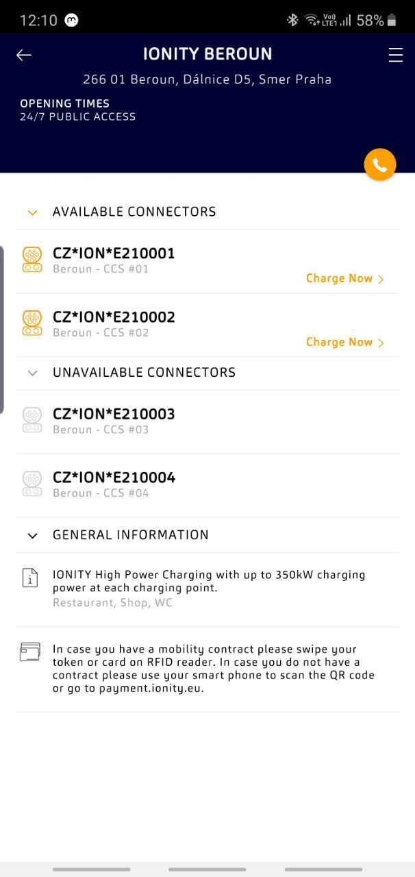 Nabíjení na nabíjecí stanici IONITY u Berouna