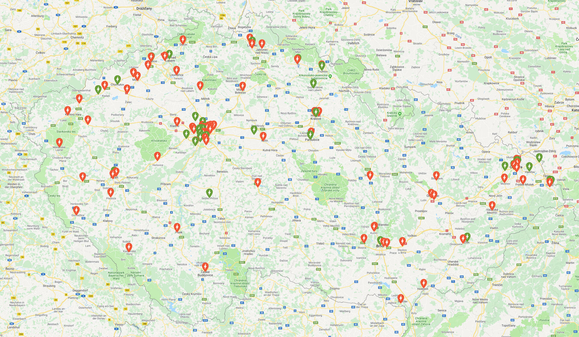 Pokrytí ČR nabíječkami ČEZ dle databáze fDrive.cz
