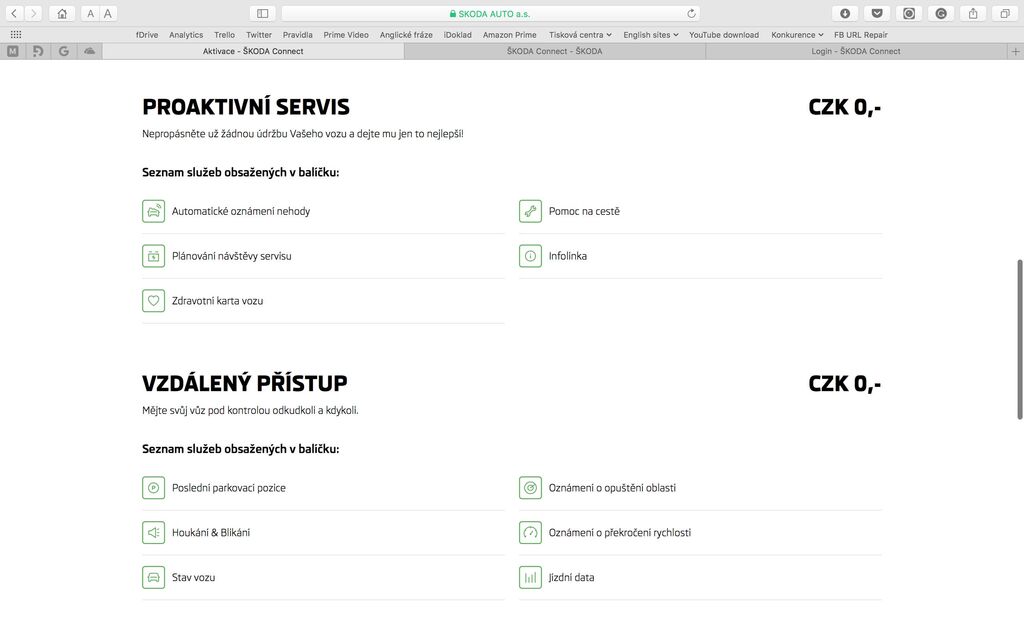 Škoda Connect webové rozhraní