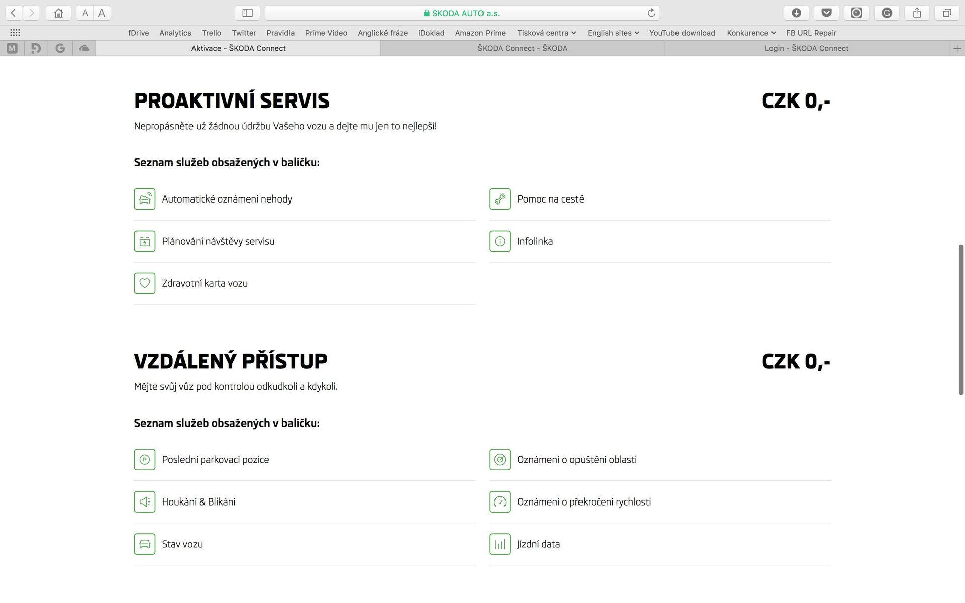 Škoda Connect webové rozhraní