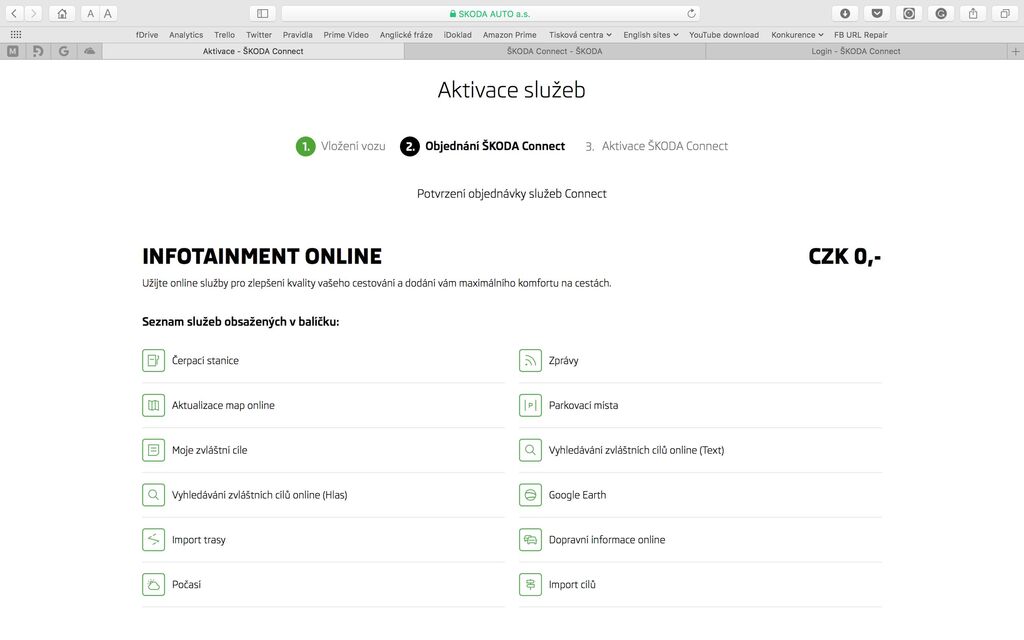 Škoda Connect webové rozhraní