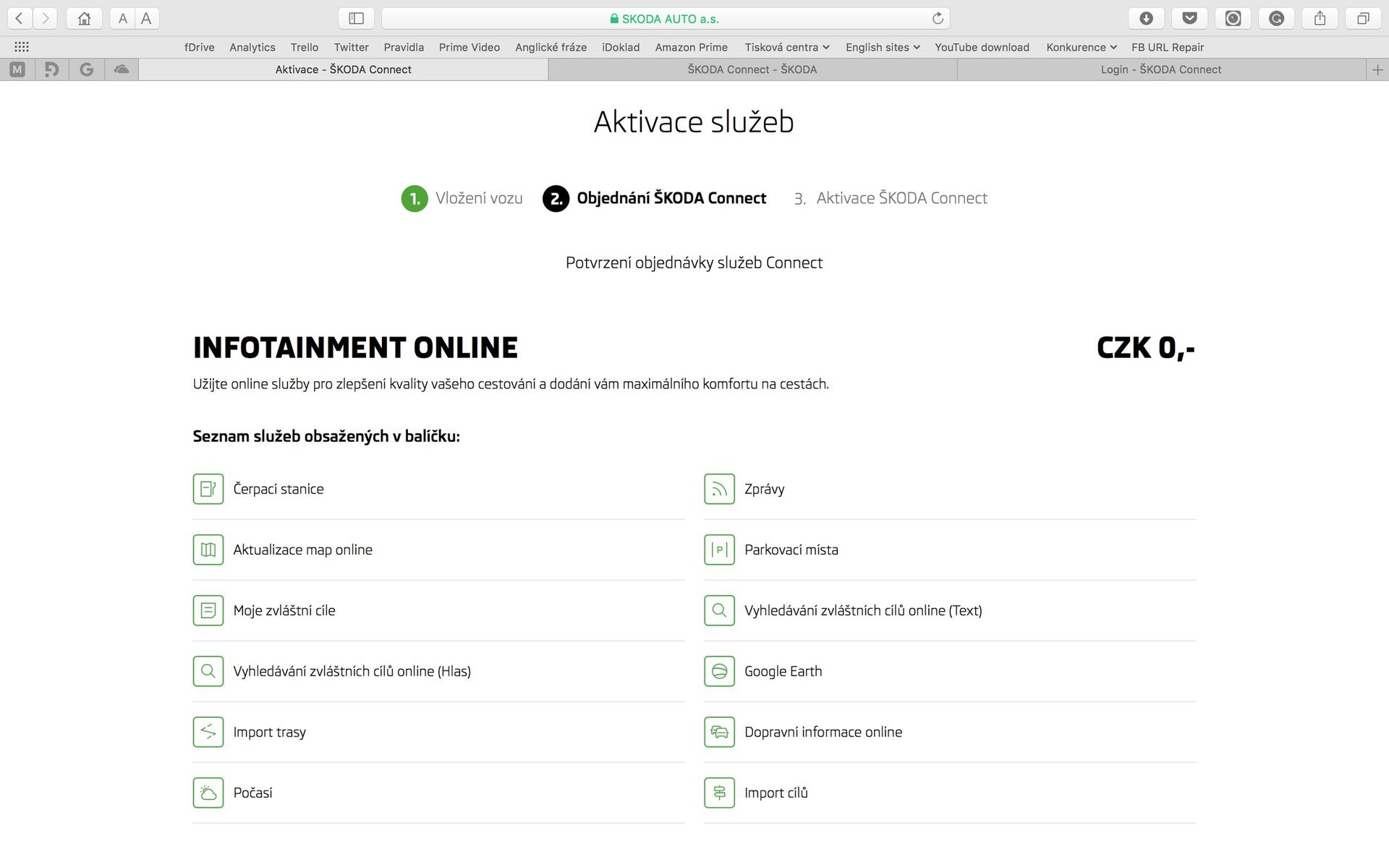 Škoda Connect webové rozhraní
