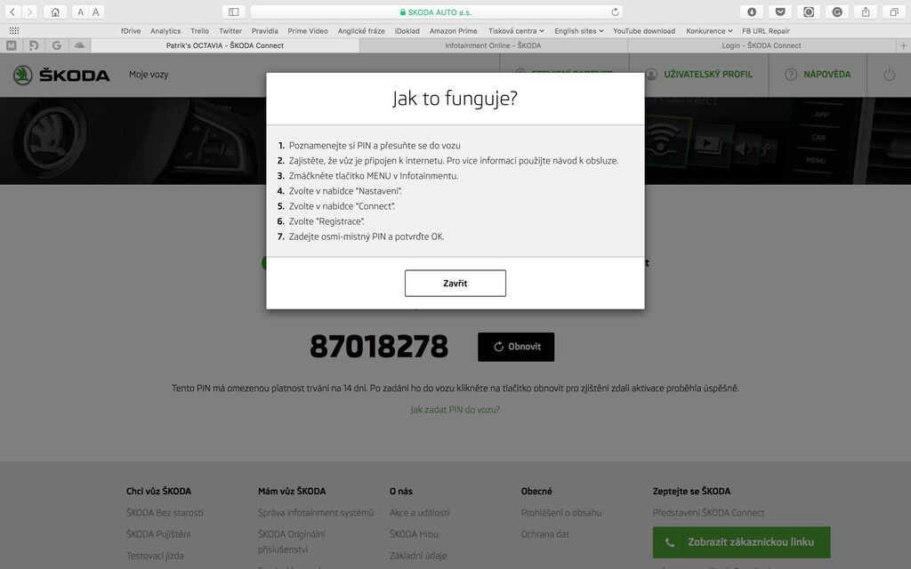 Škoda Connect webové rozhraní