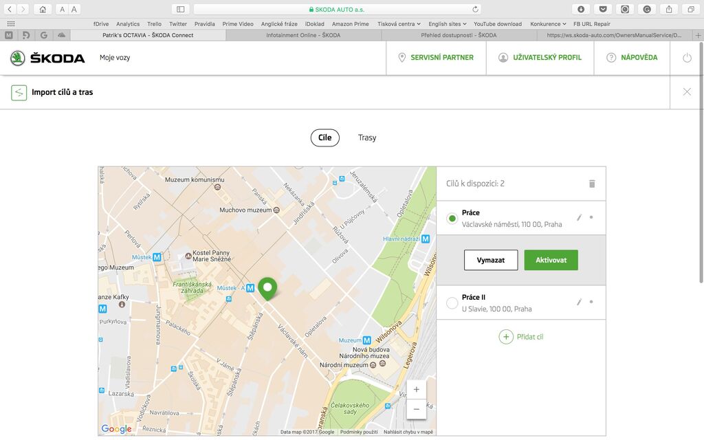 Škoda Connect webové rozhraní