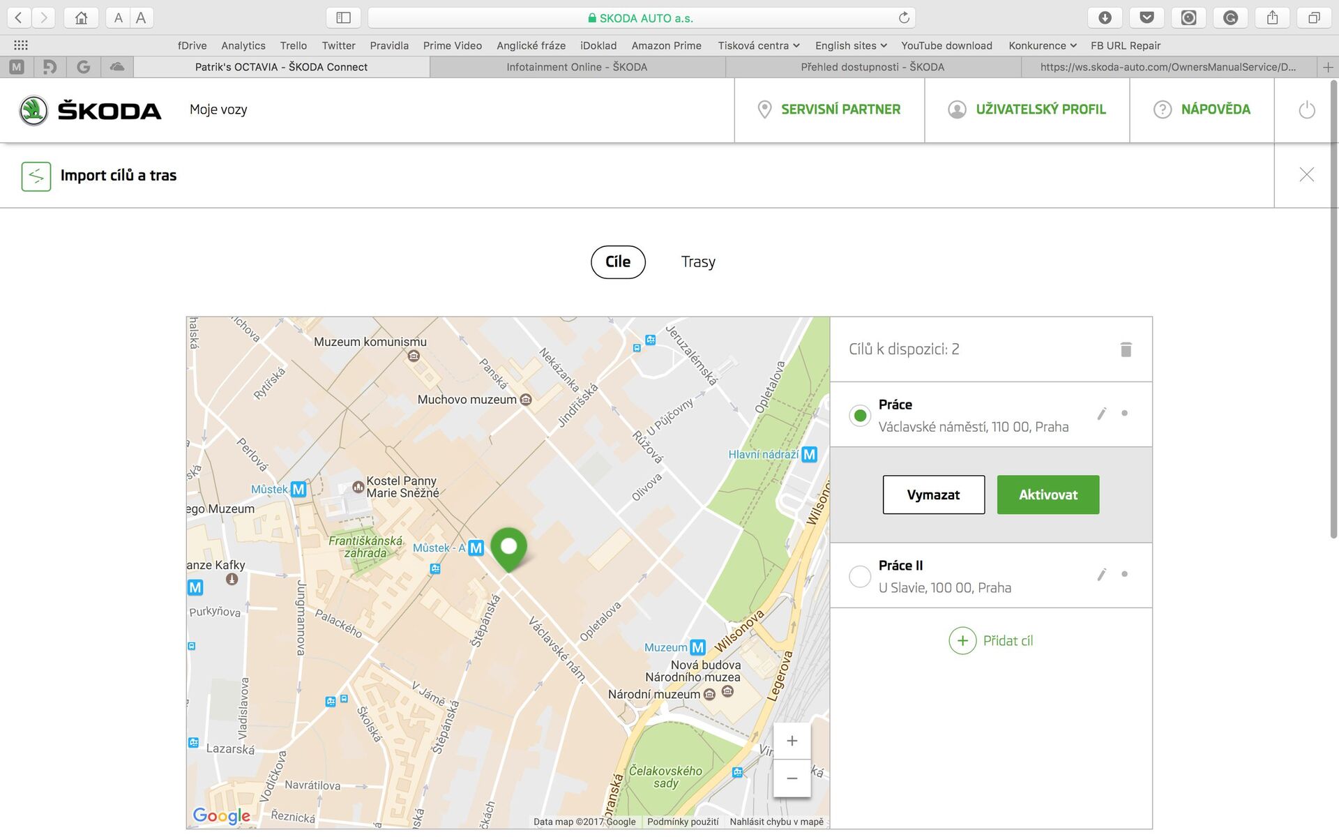 Škoda Connect webové rozhraní