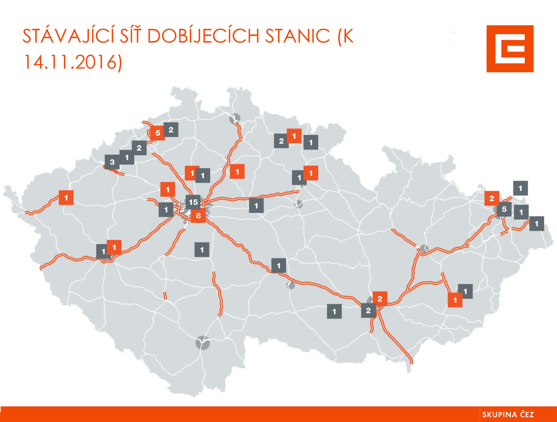 Stávající dobíjecí stanice ČEZ k 14. 11. 2016