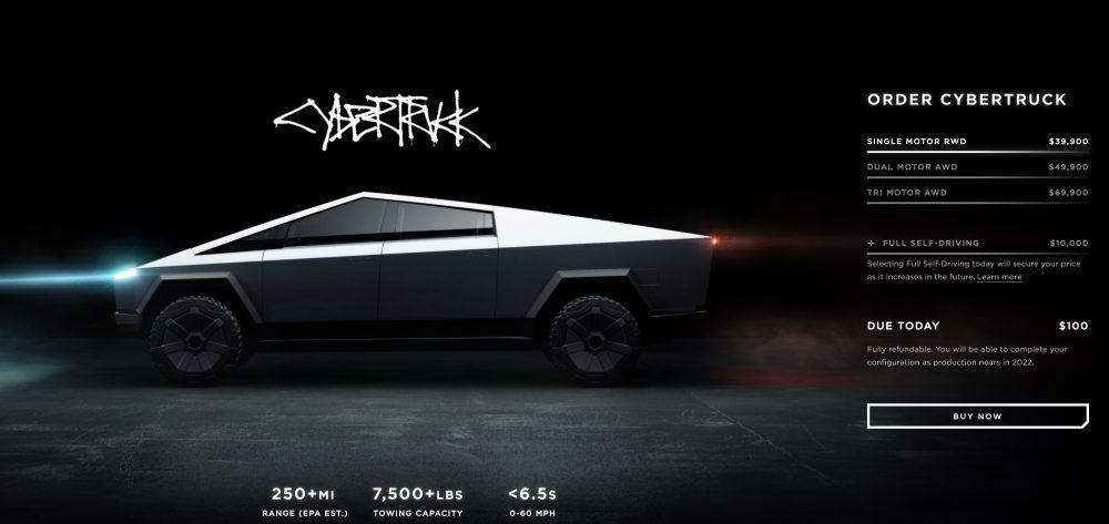 Tesla Cybertruck v konfigurátoru značky