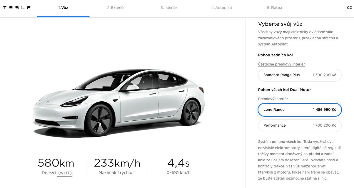 Tesla Model 3 v konfigurátoru