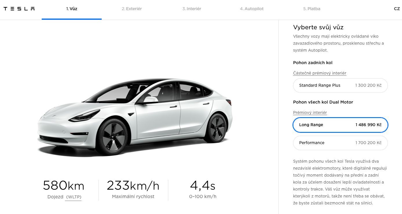 Tesla Model 3 v konfigurátoru